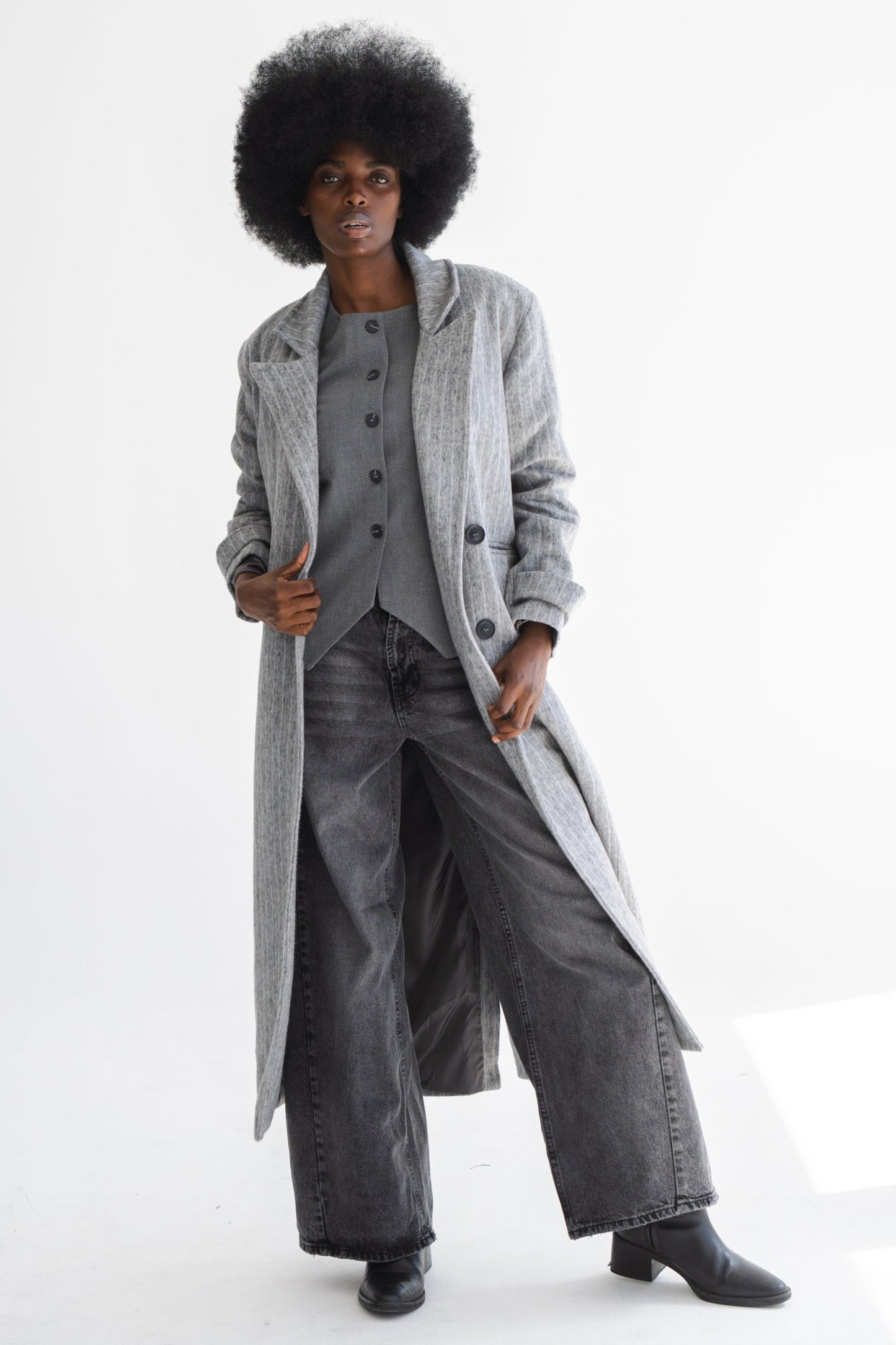LONG GREY COAT WITH PIN STRIPES