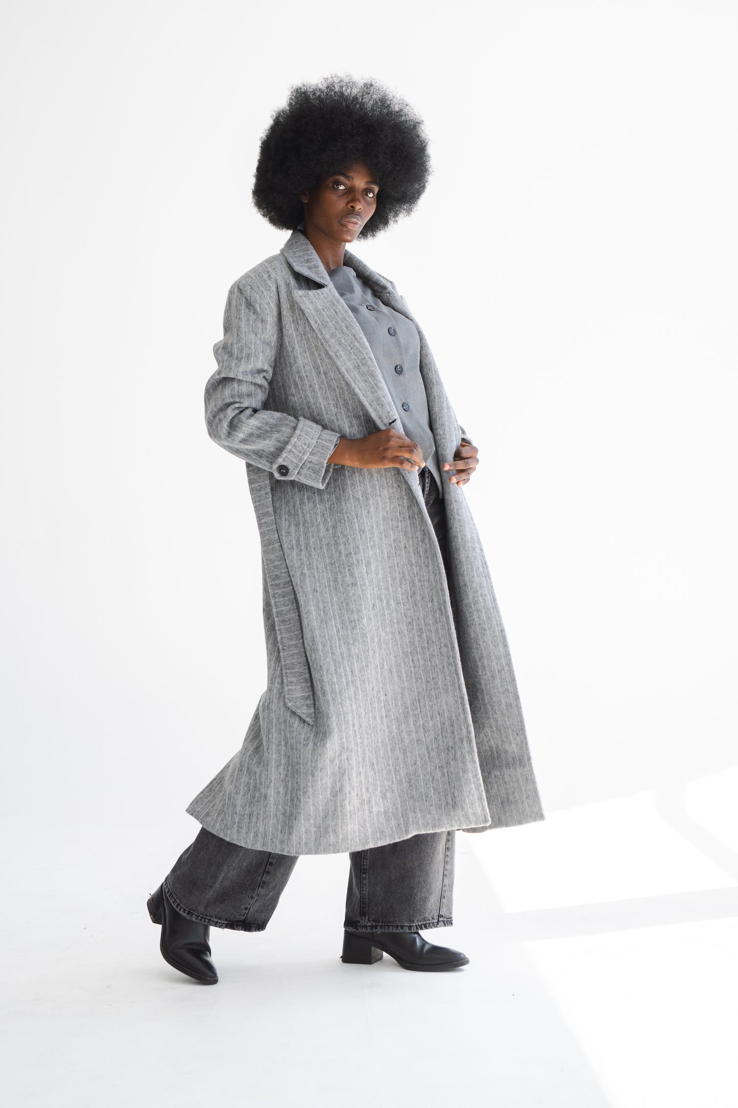 LONG GREY COAT WITH PIN STRIPES
