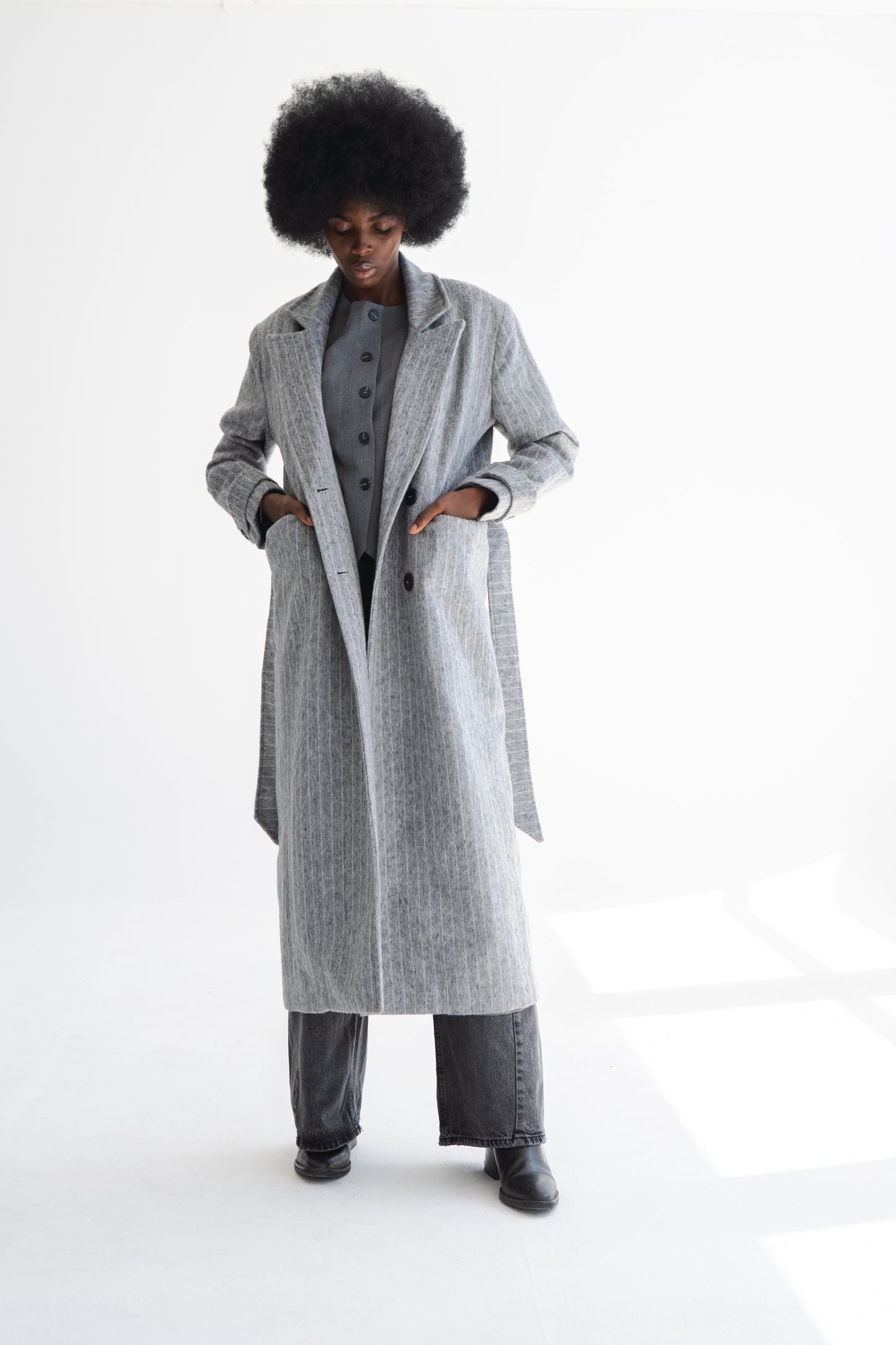 LONG GREY COAT WITH PIN STRIPES