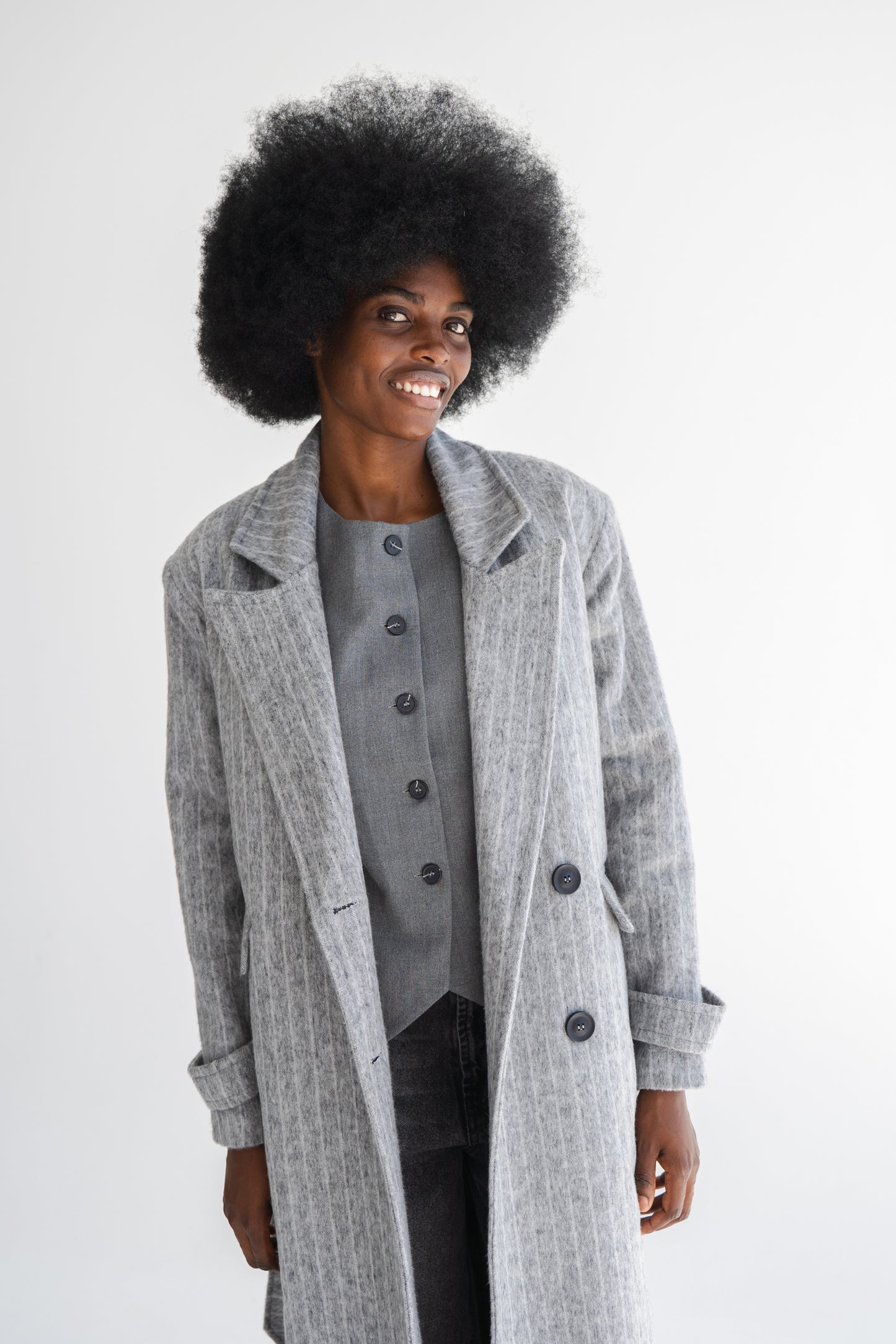 LONG GREY COAT WITH PIN STRIPES
