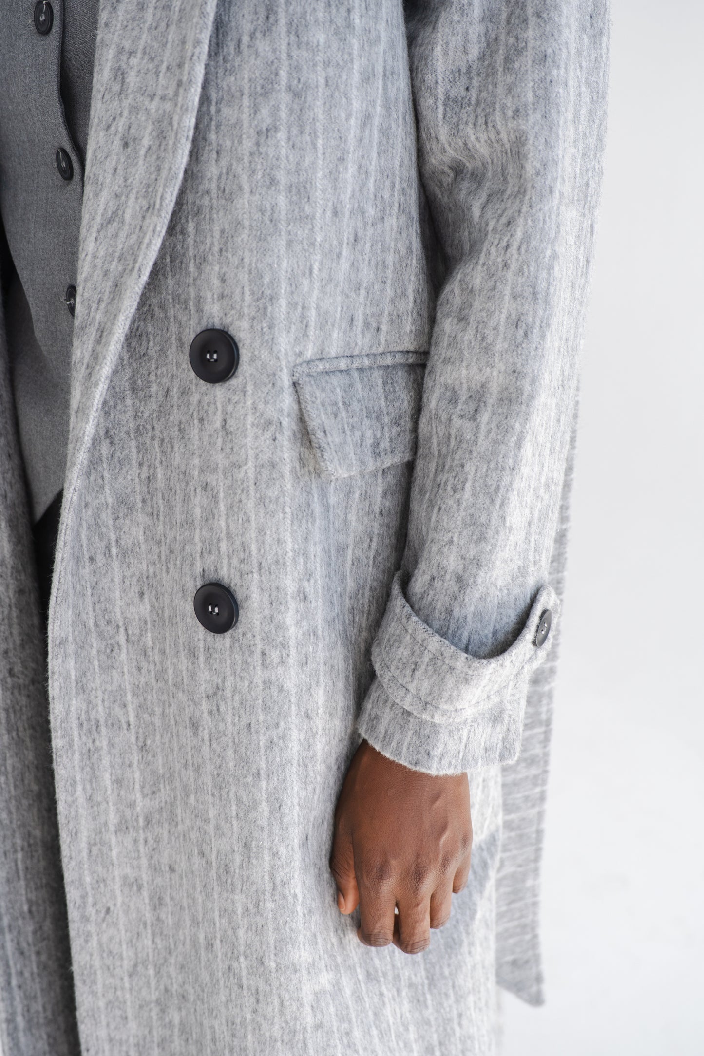 LONG GREY COAT WITH PIN STRIPES