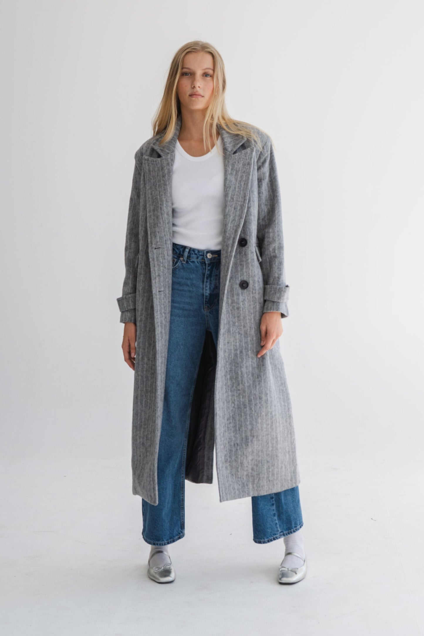 LONG GREY COAT WITH PIN STRIPES