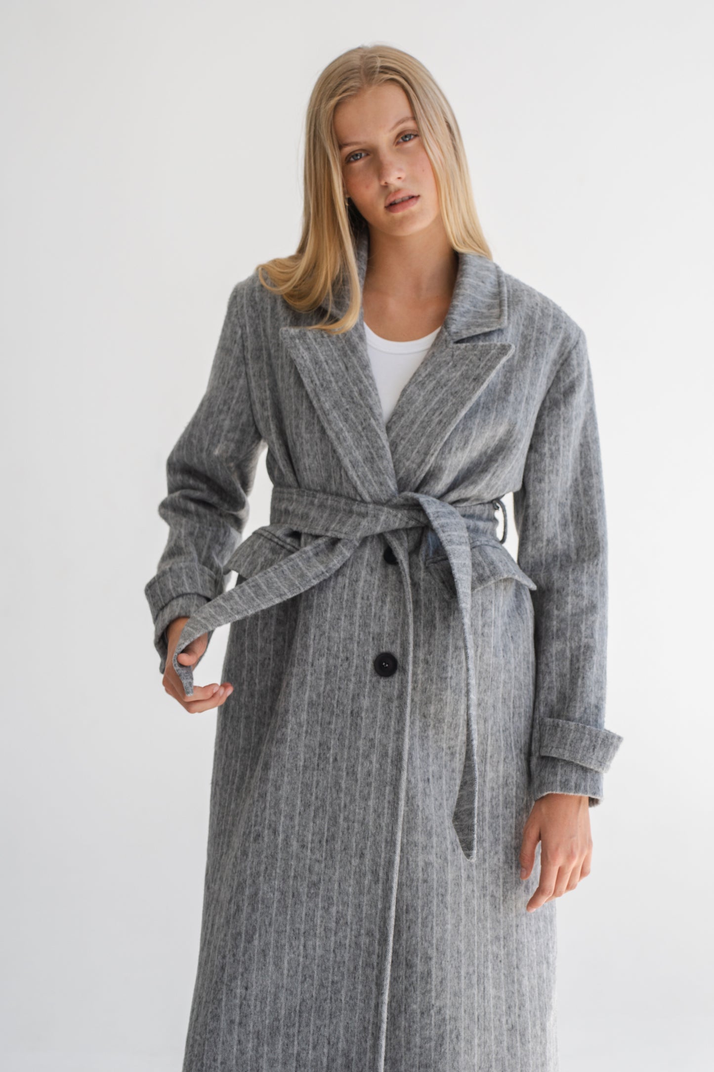 LONG GREY COAT WITH PIN STRIPES