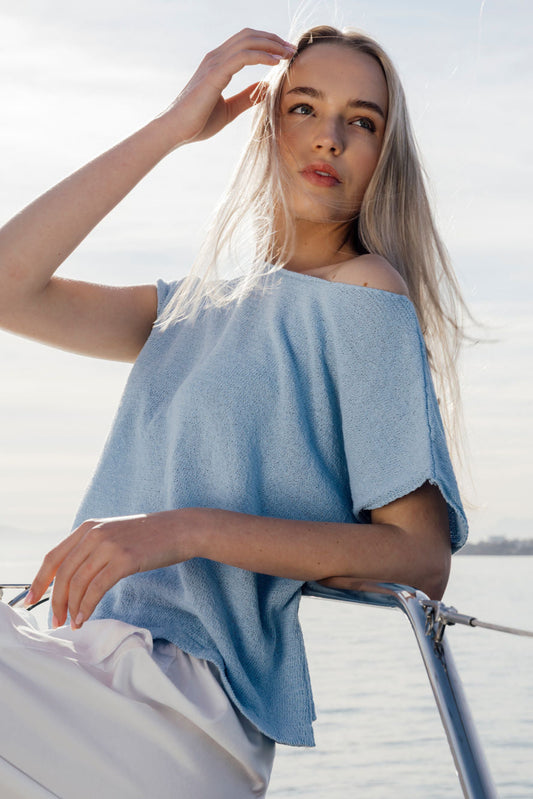 The Iris Knit tee in Mist Blue