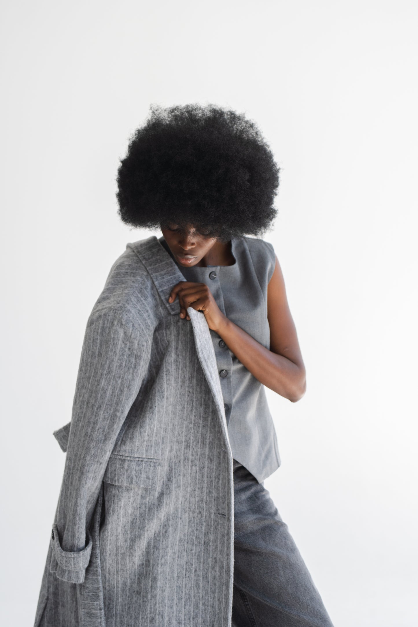 LONG GREY COAT WITH PIN STRIPES