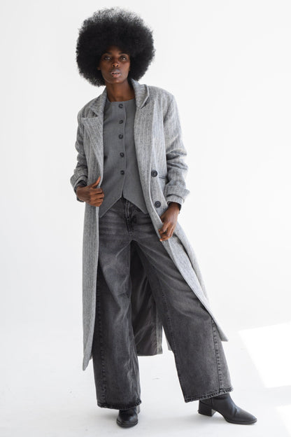 LONG GREY COAT WITH PIN STRIPES