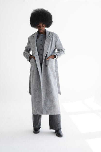 LONG GREY COAT WITH PIN STRIPES