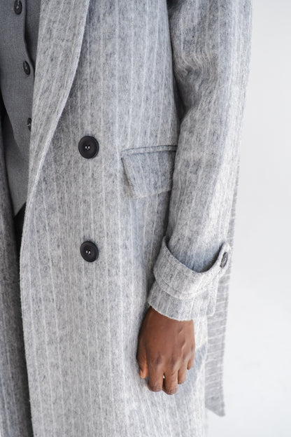 LONG GREY COAT WITH PIN STRIPES