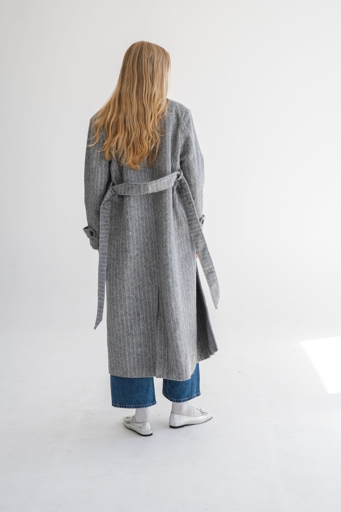 LONG GREY COAT WITH PIN STRIPES