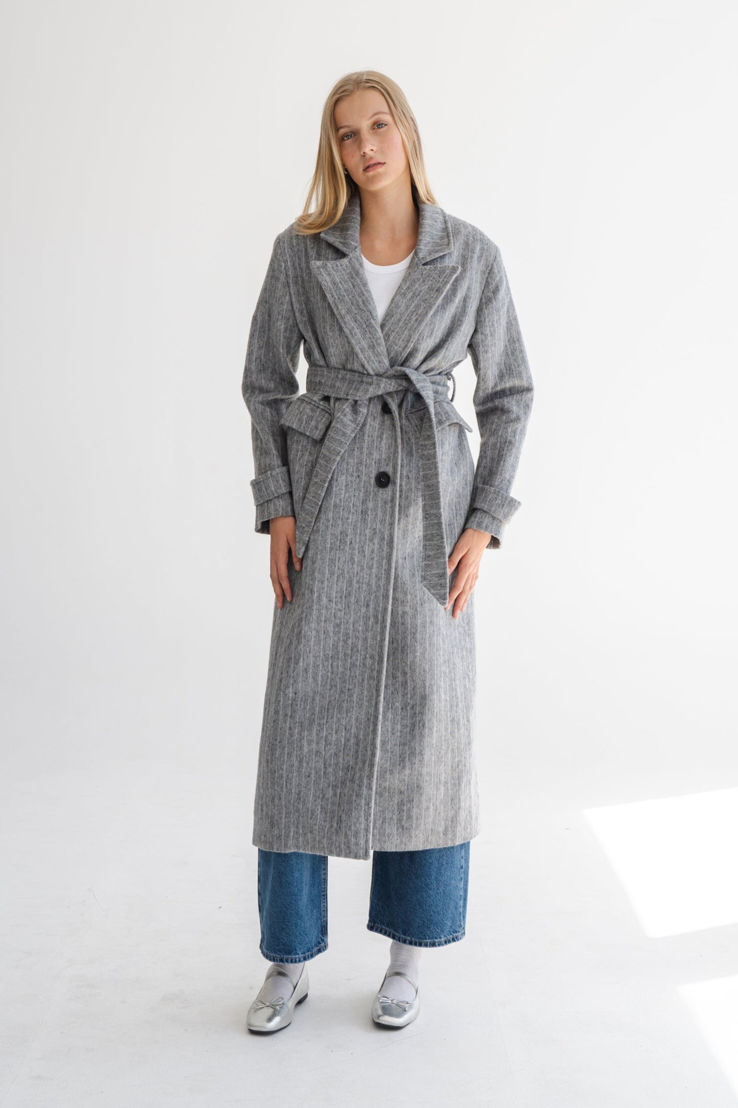 LONG GREY COAT WITH PIN STRIPES