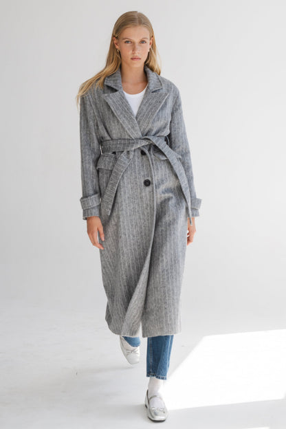 LONG GREY COAT WITH PIN STRIPES