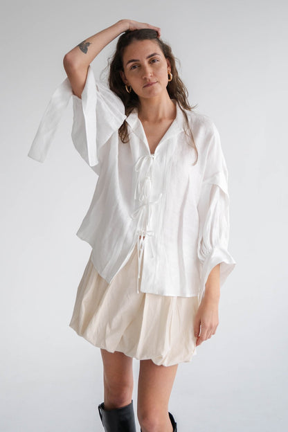 WHITE LINEN TIE TOP