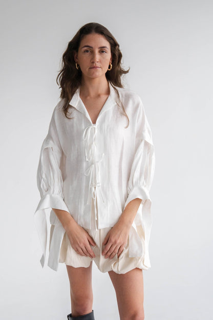 WHITE LINEN TIE TOP