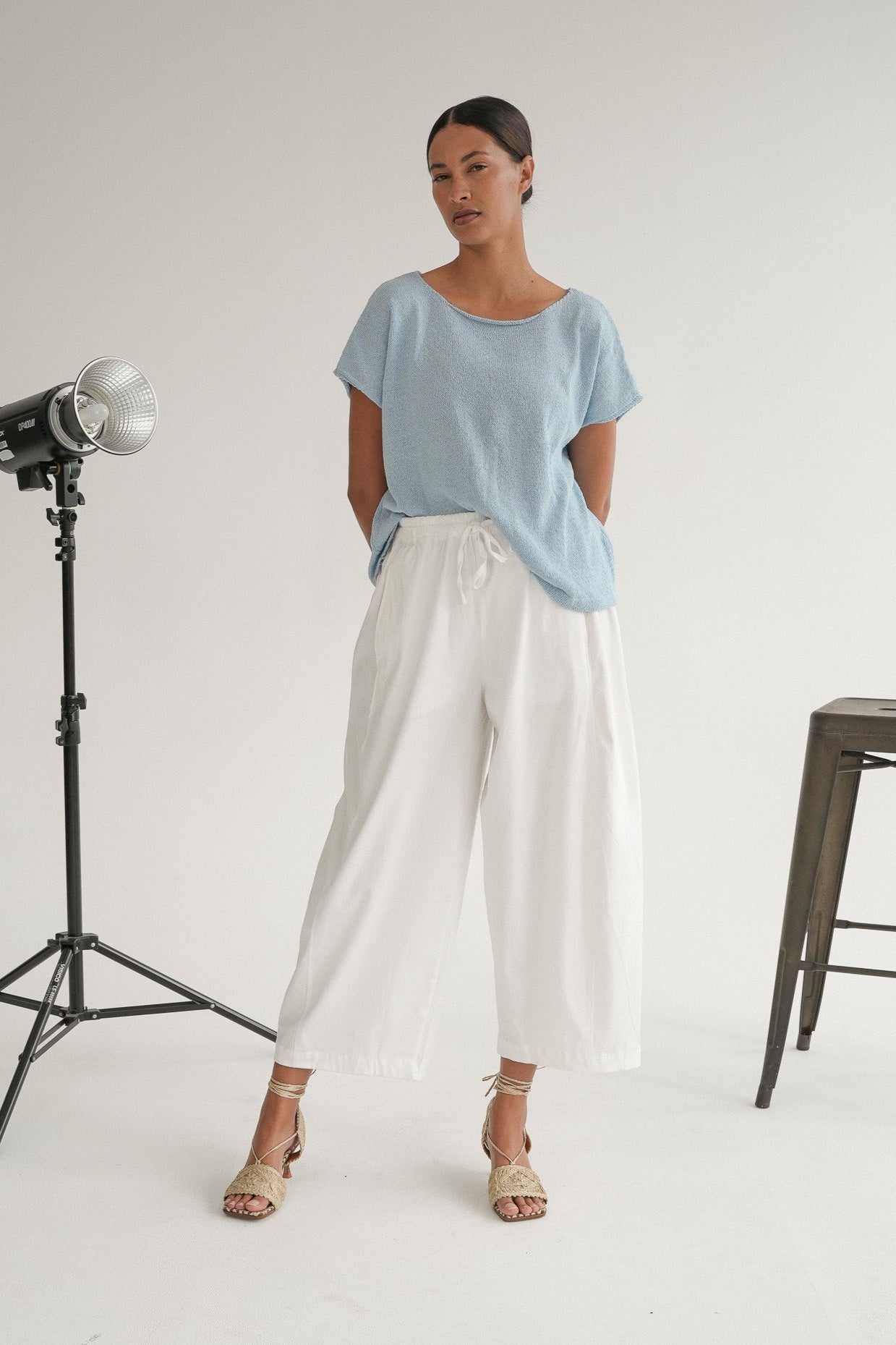 The Iris Knit tee in Mist Blue