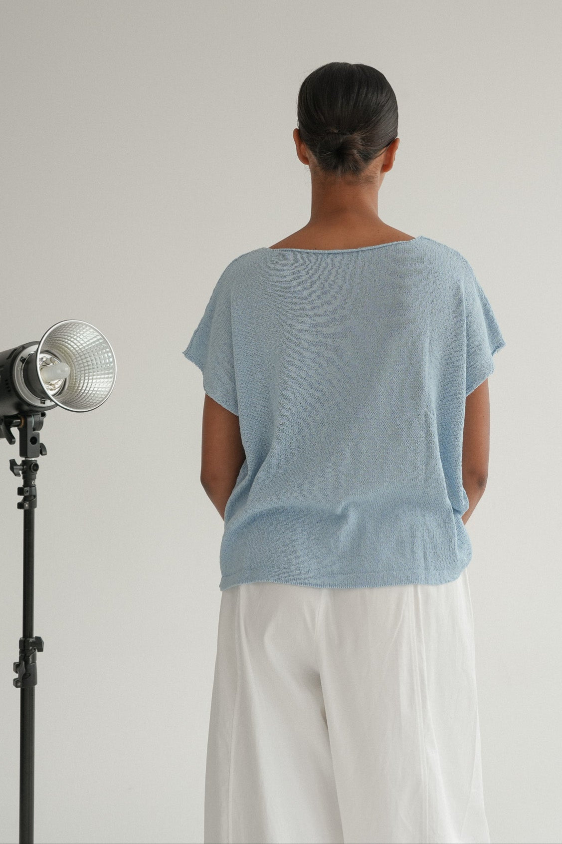 The Iris Knit tee in Mist Blue