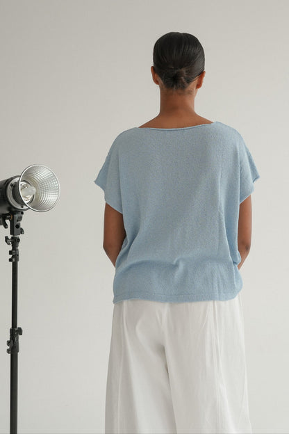 The Iris Knit tee in Mist Blue
