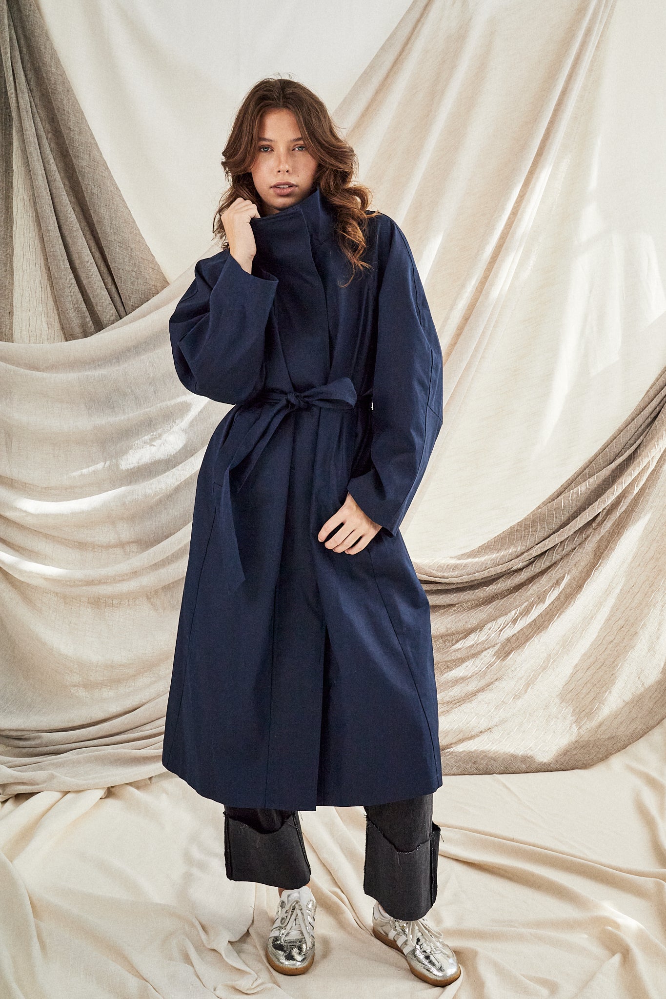 Funnel Neck Navy Trench Coat