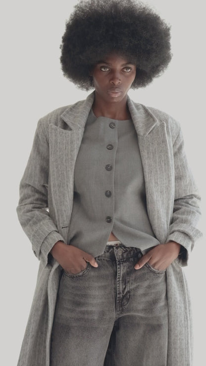LONG GREY COAT WITH PIN STRIPES